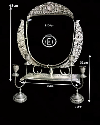 خرید آنلاین آینه نقره گهواره ای مدل کلاسیک و شمعدان نقره دوسری قلم گل و مرغ ممتاز عیار ۸۴ استاندارد ایران