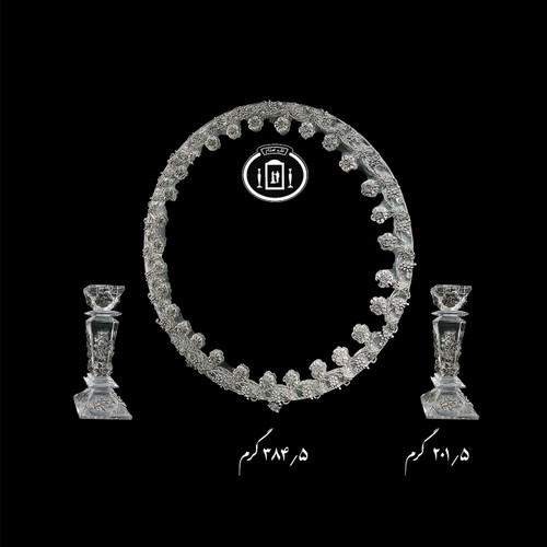 قیمت آینه نقره گرد و شمعدان نقره تک شاخه کریستالی مدل گل رز ریخته گری مومی ممتاز عیار ۸۴