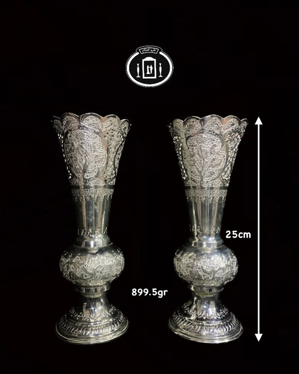قیمت گلدان شیپوری نقره قلم گل و مرغ و مشبک ممتاز عیار ۸۴ استاندارد ایران