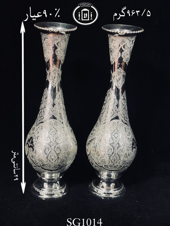 قیمت گلدان گردنه بلند نقره قلم گل و اسلیمی ممتاز۹۰٪استاندارد ایران