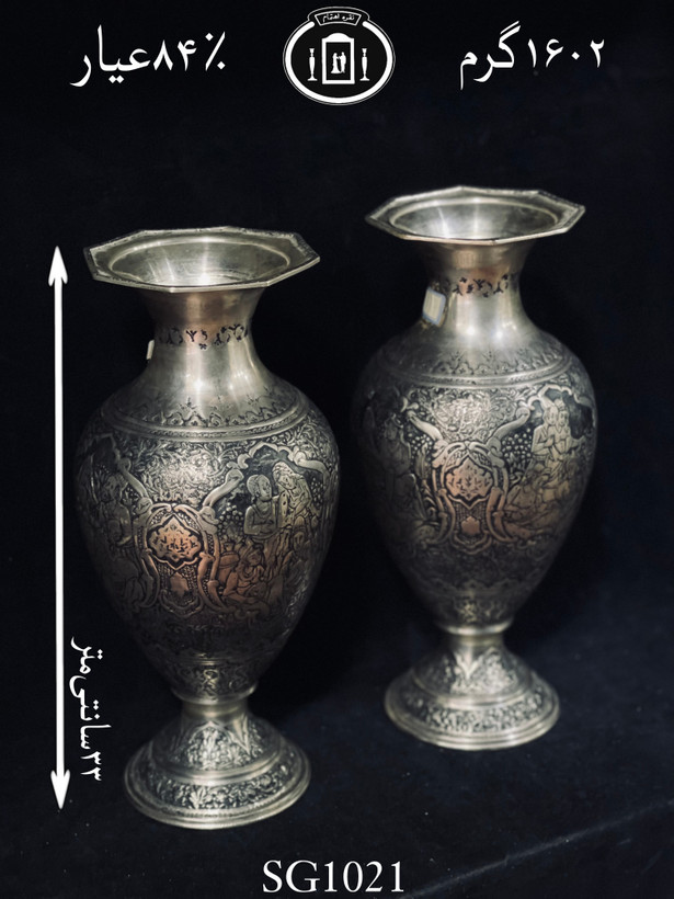 خرید گلدان تپلی نقره قلم مینیاتور سیاه قلم ممتاز۸۴٪استاندارد ایران