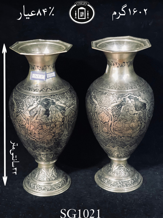 قیمت گلدان تپلی نقره قلم مینیاتور سیاه قلم ممتاز۸۴٪استاندارد ایران