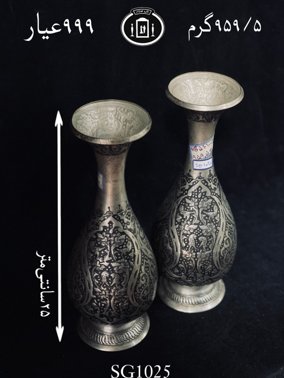 خرید گلدان نقره گردنه دار یه تیکه قلم گل و مرغ و اسلیمی سیاه قلم ممتاز۹۹۹٪استاندارد ایران