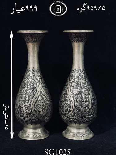 قیمت گلدان نقره گردنه دار یه تیکه قلم گل و مرغ و اسلیمی سیاه قلم ممتاز۹۹۹٪استاندارد ایران