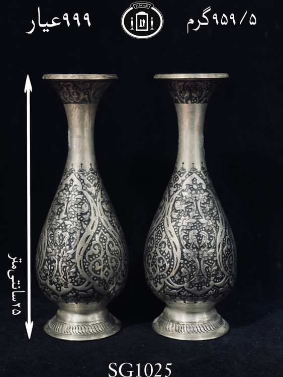 قیمت گلدان نقره گردنه دار یه تیکه قلم گل و مرغ و اسلیمی سیاه قلم ممتاز۹۹۹٪استاندارد ایران