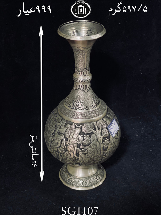 قیمت گلدان نقره قلم مینیاتور فوق ممتاز سیاه قلم۹۹۹٪استاندارد ایران