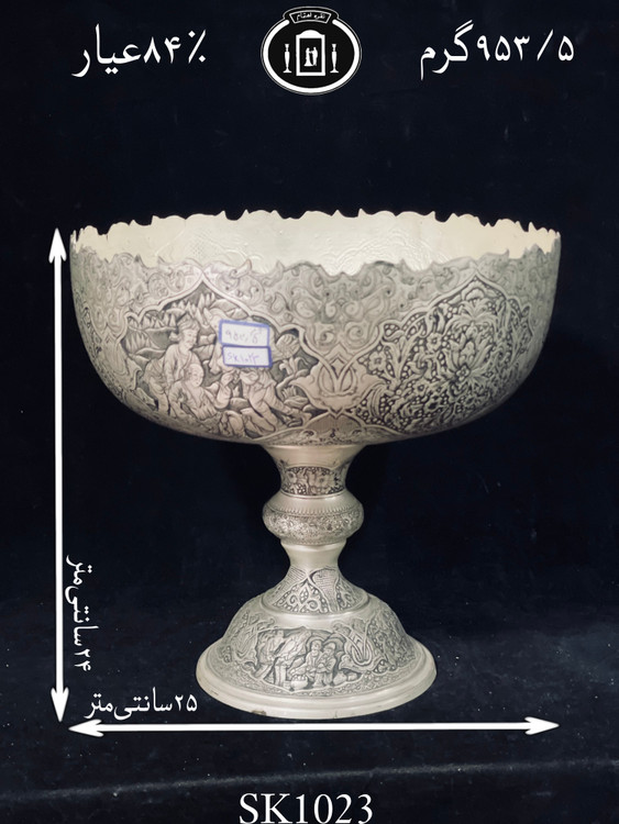 خرید کاسه گرد نقره کعبدار قلم مینیاتور سیاه قلم پتینه ممتاز۸۴٪استاندارد ایران