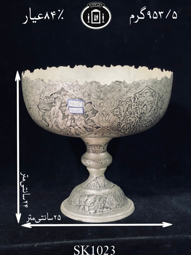 خرید کاسه گرد نقره کعبدار قلم مینیاتور سیاه قلم پتینه ممتاز۸۴٪استاندارد ایران