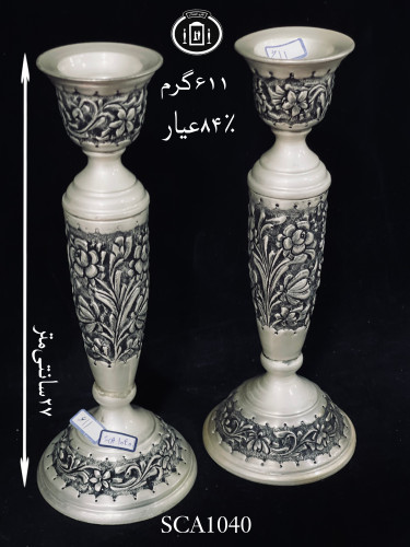 خرید شمعدان نقره تک شاخه قلم گل برجسته سیاه قلم پتینه ممتاز۸۴٪استاندارد ایران