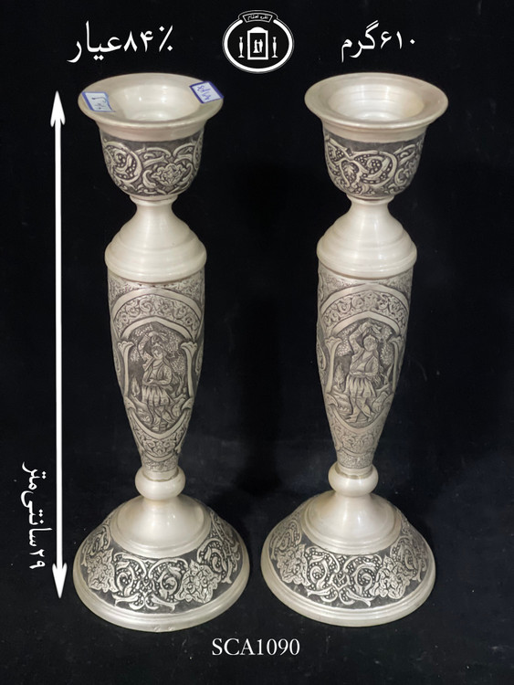 خرید شمعدان نقره تک شاخه قلم مینیاتور سیاه قلم پتینه ممتاز۸۴٪استاندارد ایران