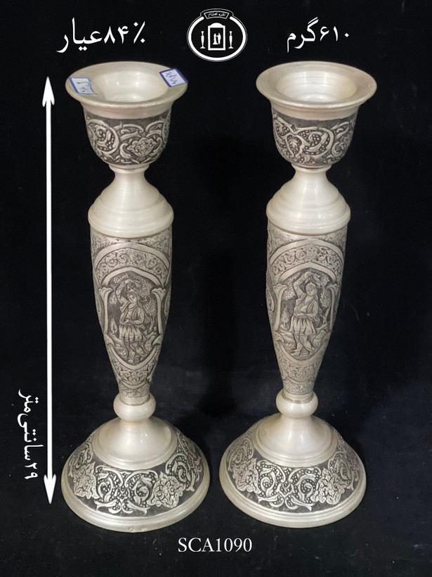 خرید شمعدان نقره تک شاخه قلم مینیاتور سیاه قلم پتینه ممتاز۸۴٪استاندارد ایران