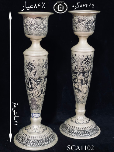 خرید شمعدان نقره تک شاخه قلم مینیاتور سیاه قلم پتینه ممتاز۸۴٪استاندارد ایران