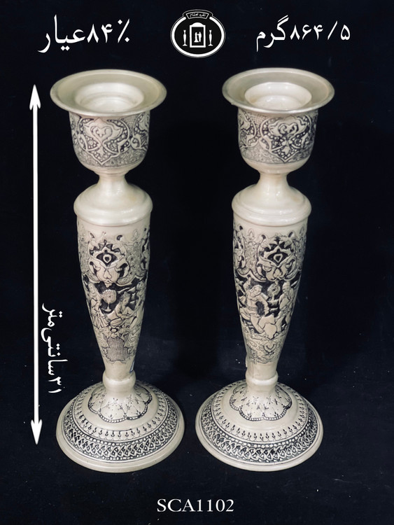 قیمت شمعدان نقره تک شاخه قلم مینیاتور سیاه قلم پتینه ممتاز۸۴٪استاندارد ایران