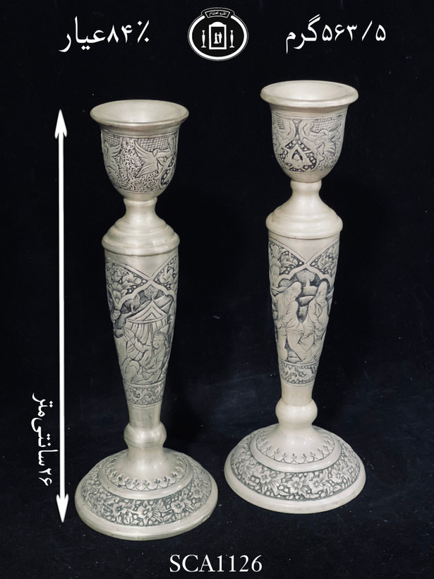 خرید شمعدان نقره تک شاخه قلم مینیاتور سیاه قلم پتینه ممتاز۸۴٪استاندارد ایران