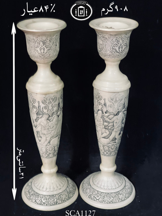 خرید شمعدان نقره تک شاخه قلم مینیاتور سیاه قلم پتینه ممتاز۸۴٪استاندارد ایران