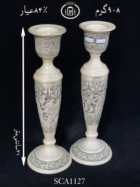 قیمت شمعدان نقره تک شاخه قلم مینیاتور سیاه قلم پتینه ممتاز۸۴٪استاندارد ایران