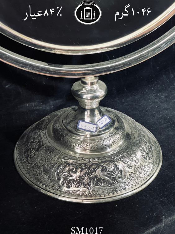 قیمت آینه نقره گرد مدل گهواره ای قلم گل و مرغ و آهو ممتاز سیاه قلم۸۴٪استاندارد ایران