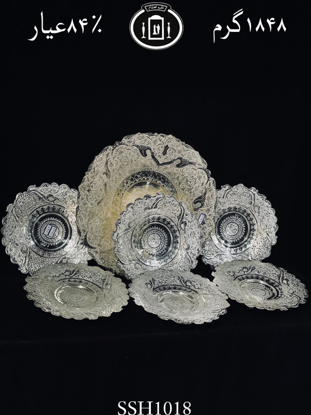 قیمت سرویس شیرینی خوری هفت پارچ نقره قلم گل و مرغ ممتاز۸۴٪استاندارد ایران