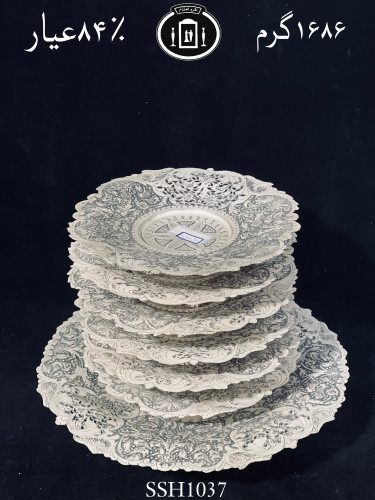 خرید سرویس شیرینی خوری هفت پارچ نقره قلم گل و مرغ و شبکه سیاه قلم پتینه ممتاز۸۴٪استاندارد ایران