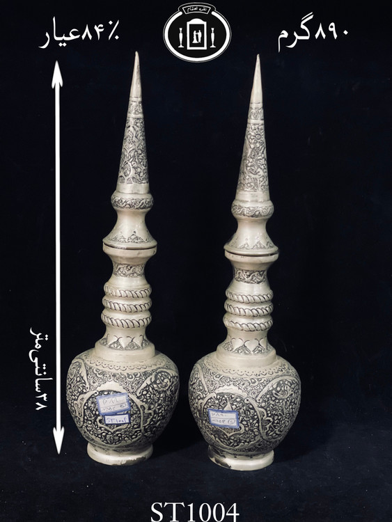 قیمت تنگ شاخدار نقره قلم گل و مرغ سیاه قلم پتینه ممتاز۸۴٪استاندارد ایران