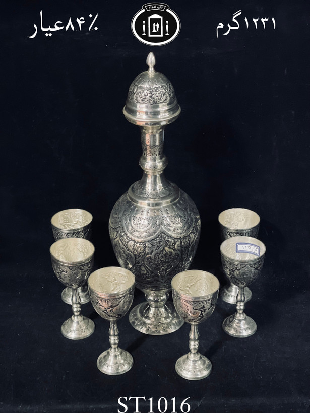 خرید سرویس تنگ و گیلاس نقره قلم گل و مرغ سیاه قلم ممتاز۸۴٪استاندارد ایران